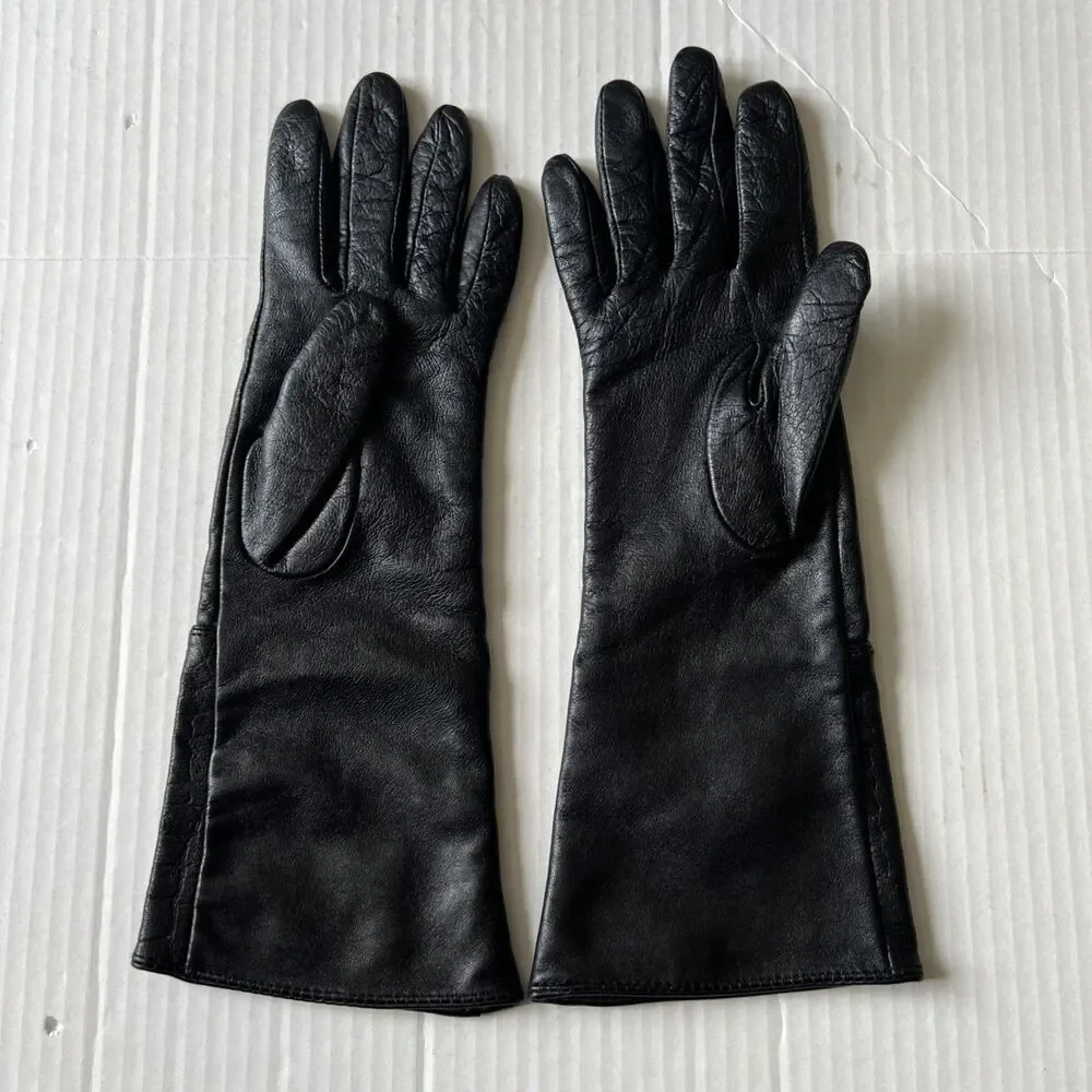 Simply Susan Gloves Womens S-M Black Leather Silk Long Fall VERY GOOD